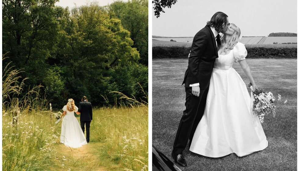 Whimsical Tuscan-Inspired Wedding in Hampshire | Bride Groom Walking in Whimsical Hampshire Garden Kissing