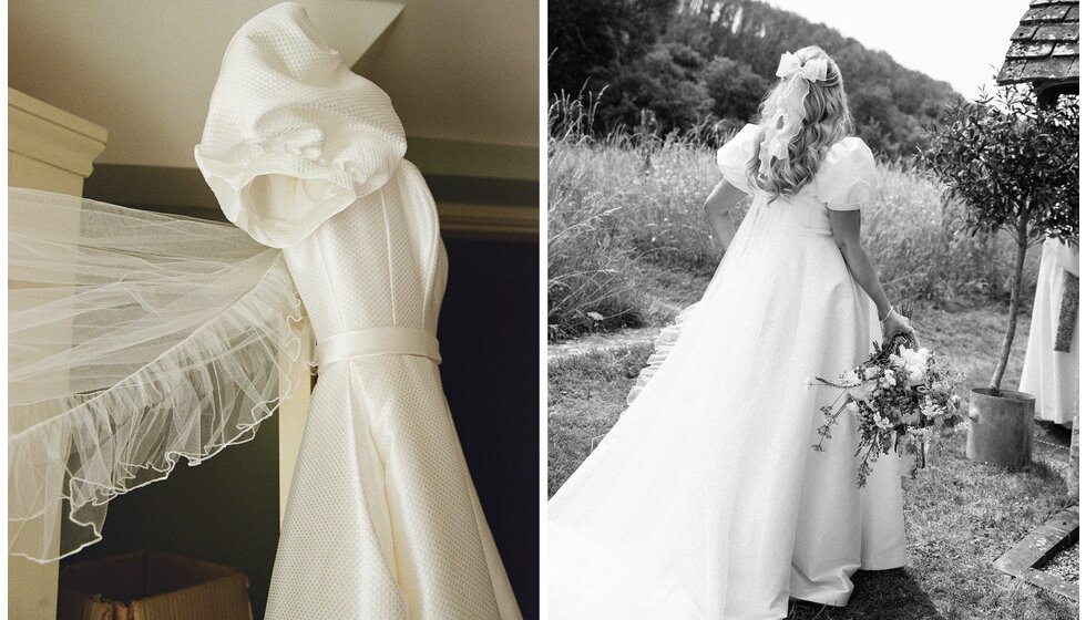 Whimsical Tuscan-Inspired Wedding in Hampshire | A bride wearing a custom Sassi Holford wedding dress with puff sleeves, ruffle veil and bow hair accessories