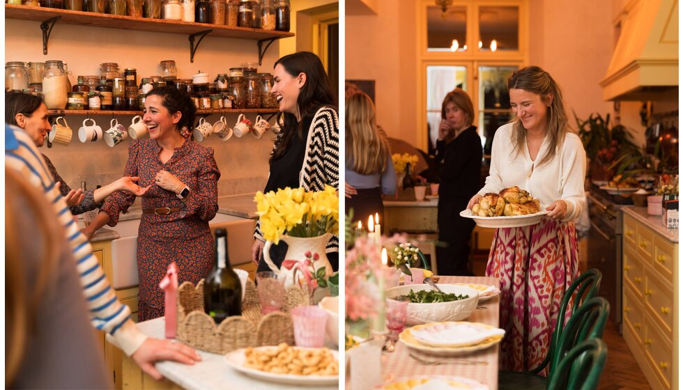 Supper Club with Skye McAlpine | Female guests chatting inside Skye's kitchen while Skye is preparing food for the dinner