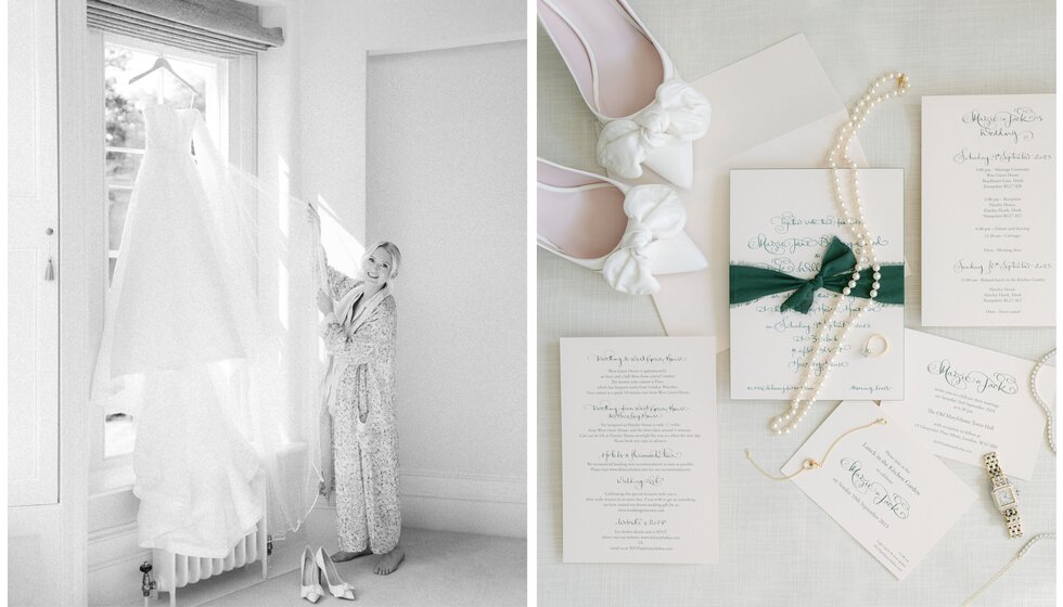 Bride showcases bridal fashion and heirloom accessories before Hampshire garden wedding.