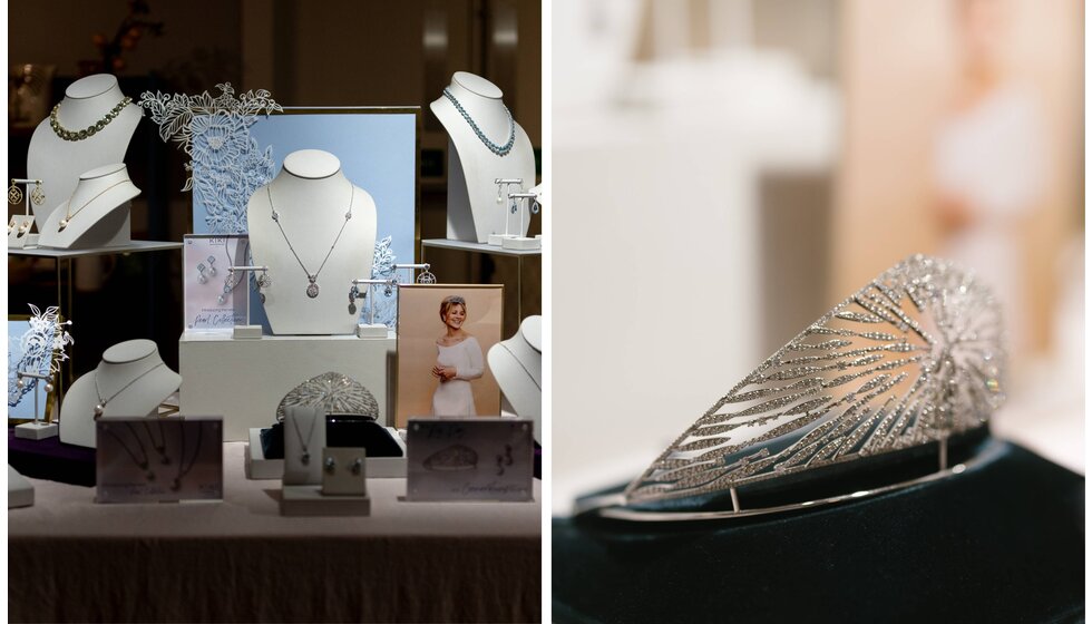 A showcase of Kiki McDonough bridal jewellery and tiara in The Wedding Present Company showroom