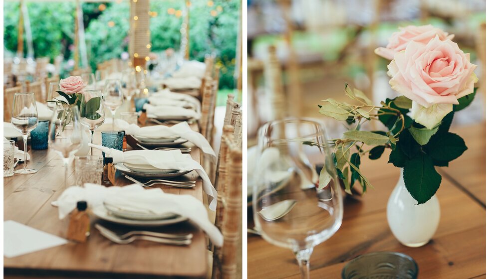 Simple neutral wedding decor and tablescape with roses