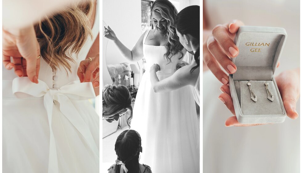 Bridesmaids help the bride with the bridal preparations and dressing into a wedding dress