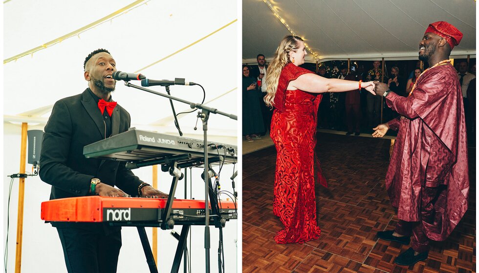 The wedding band plays music while the bride and groom dance their first dance in traditional red Nigerian outfits.