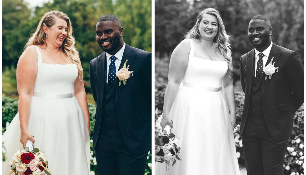 The bride and groom are smiling