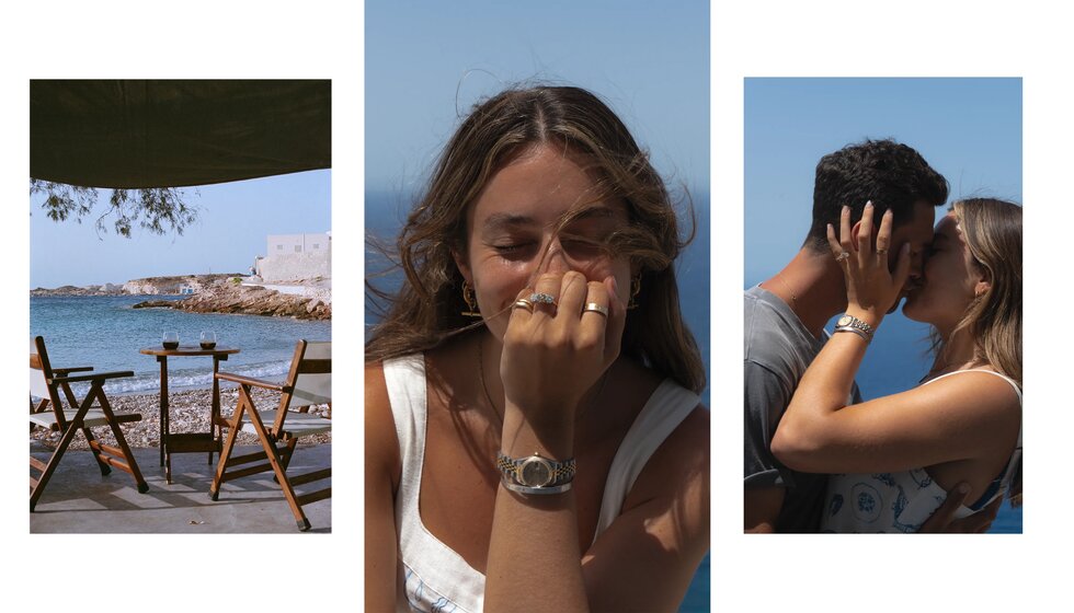 Happy couple after their romantic engagement with vintage ring on a beach in Greece