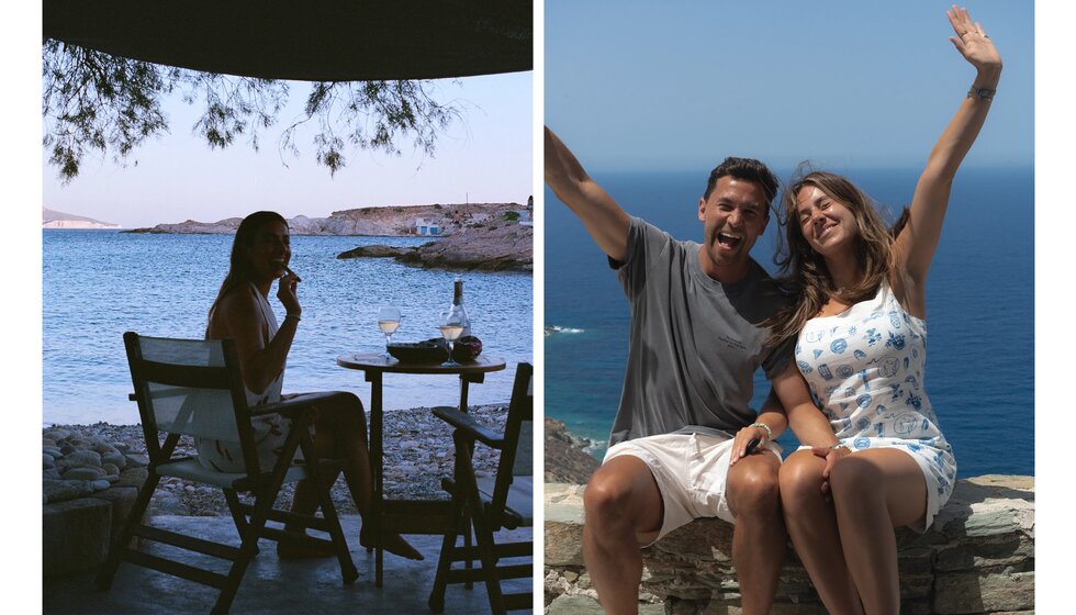 Happy couple celebrates their engagement on the beach in Greece