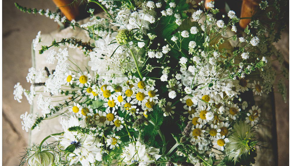 Daisy's bouquet and the flower girls' poseys made up of greens and whites and of course daisys