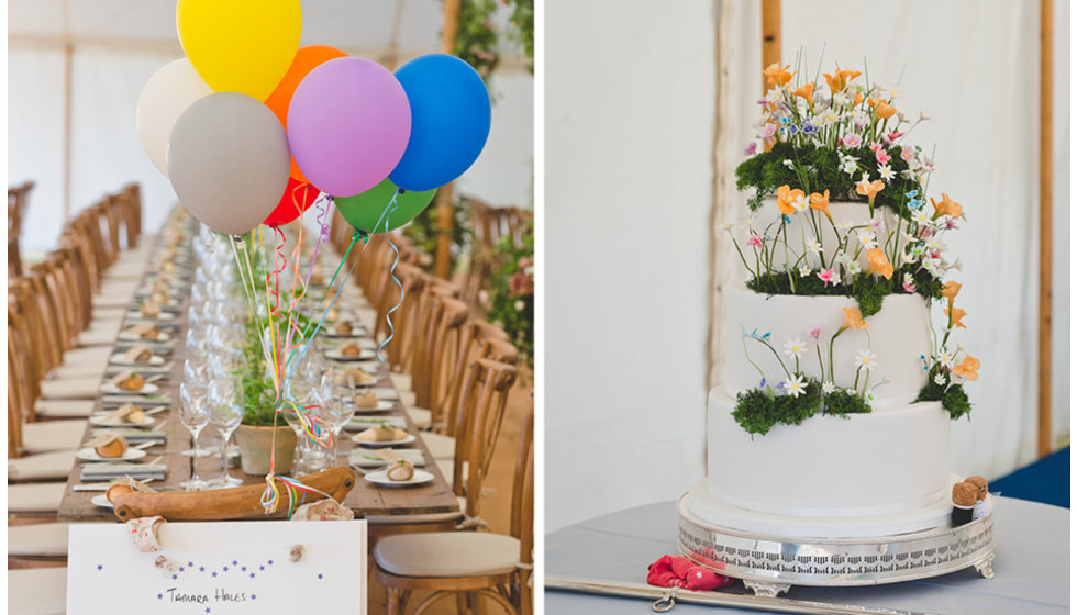 The laid table and the wedding cake at Charlie and Daisy's wedding.