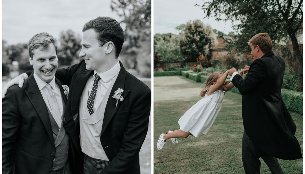 a portrait of the groom and his best man and an image of Ed swinging round one of the flowers girls in the garden.