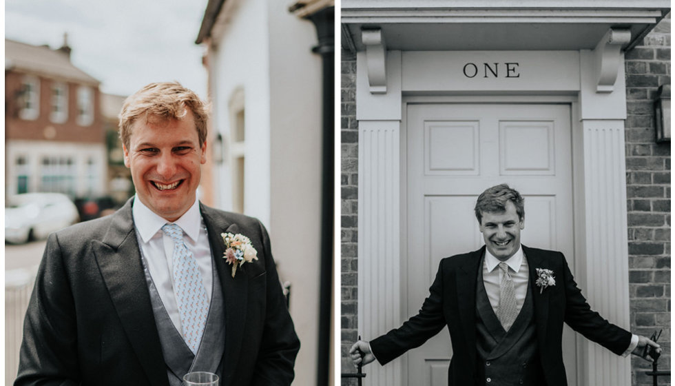 The groom wearing a traditional morning suit.