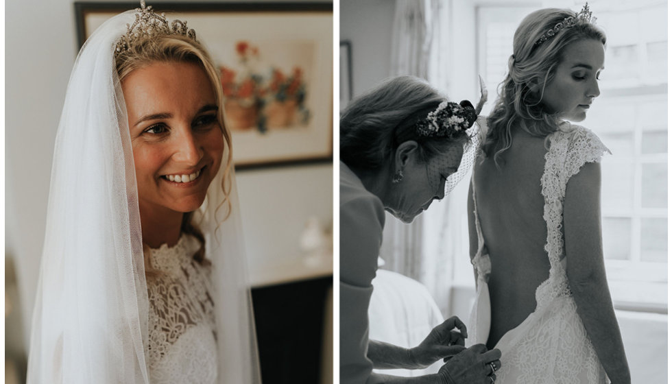 Harriet in her veil and being helped with her wedding dress.