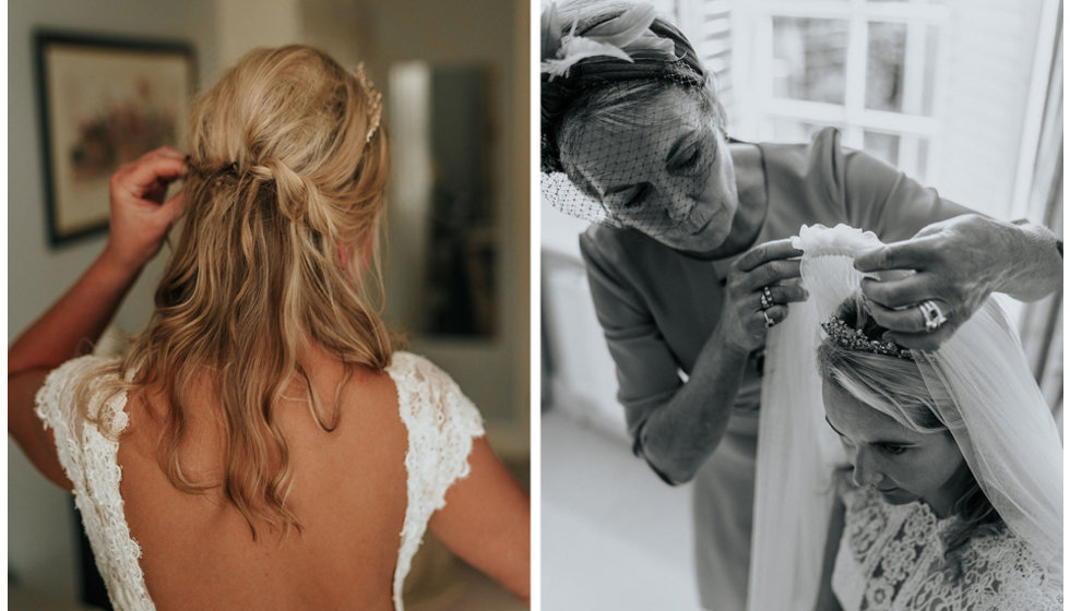 Harriet's mother helping her with her veil and tiara.