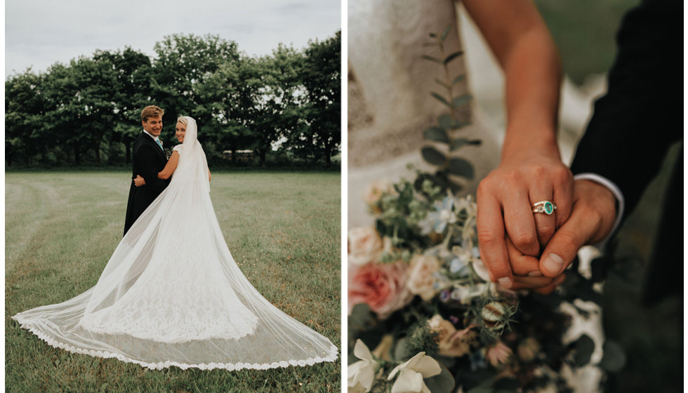 Images of the couple posing in a field showing off Harriet's full veil and her engagement ring