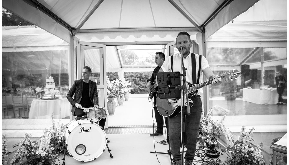 The musicians playing during the reception at the wedding.