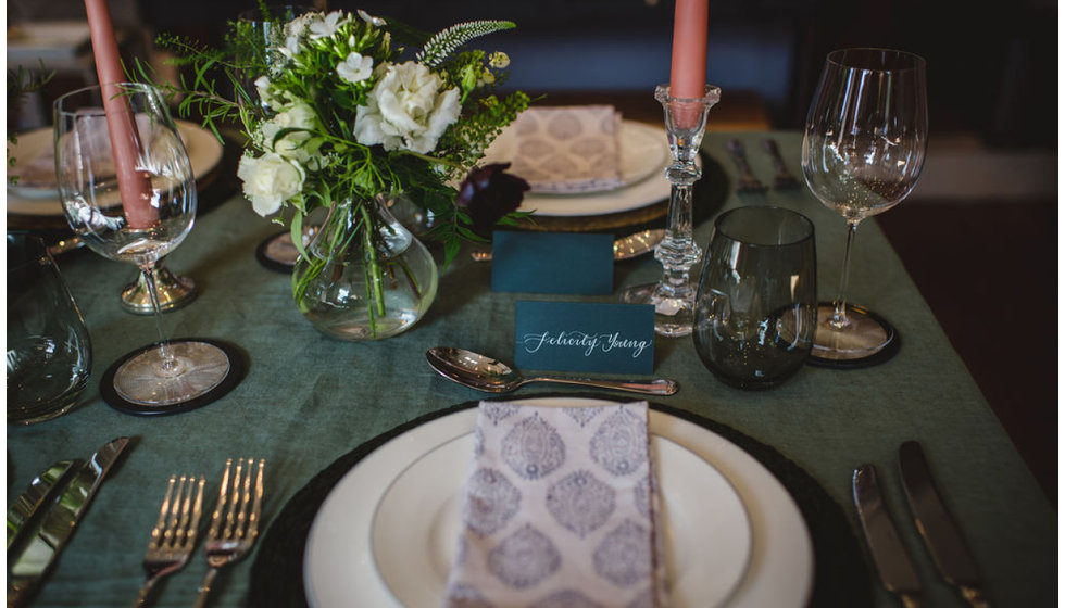 Posies done by Mad Lillies, tableware provided by WPC with a green simple theme.