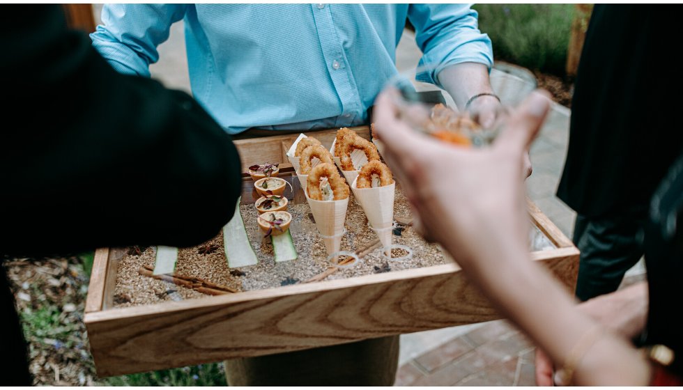 Bespoke canapes for the wedding reception included deep fried calamari rings