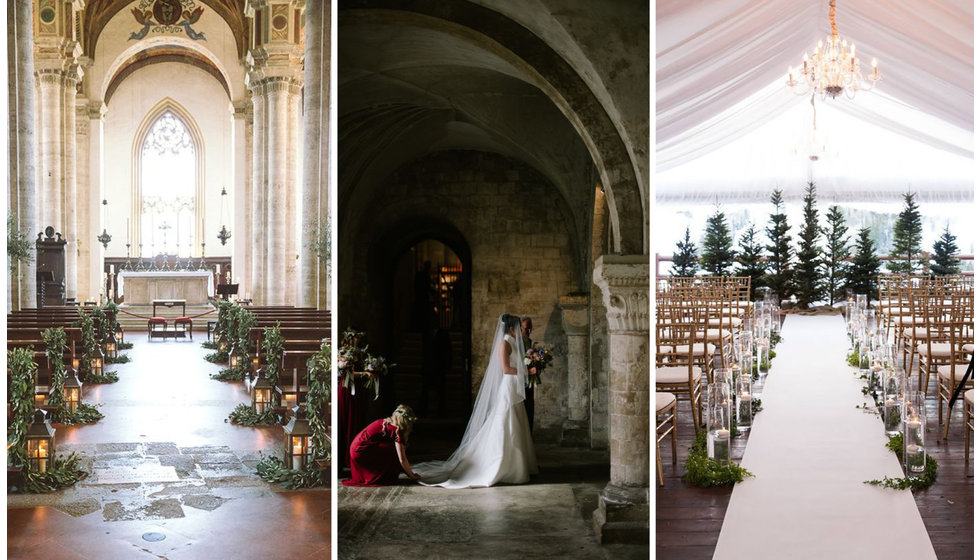 Three images of winter ceremony/church set ups.