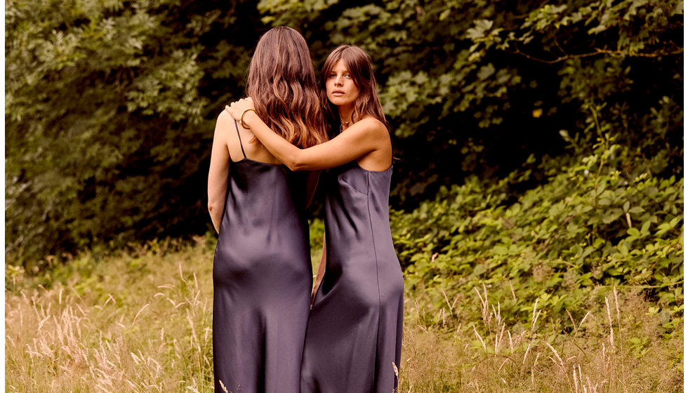 Pale grey/violet slip bridesmaids dresses.