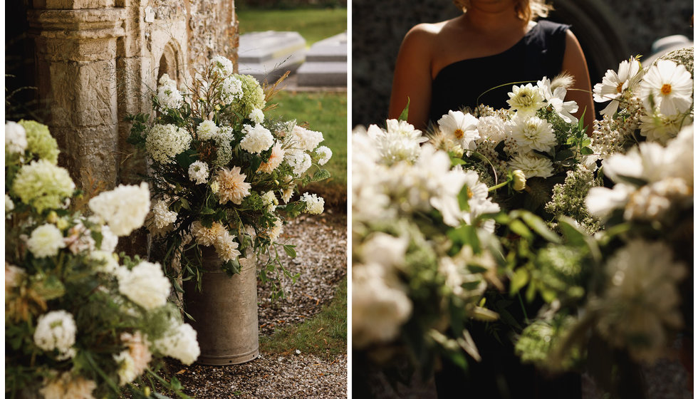 The flowers in urns outside the church and bouquets held by the bridesmaids.