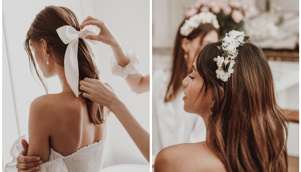 Bridal hair accessories worn by girls.