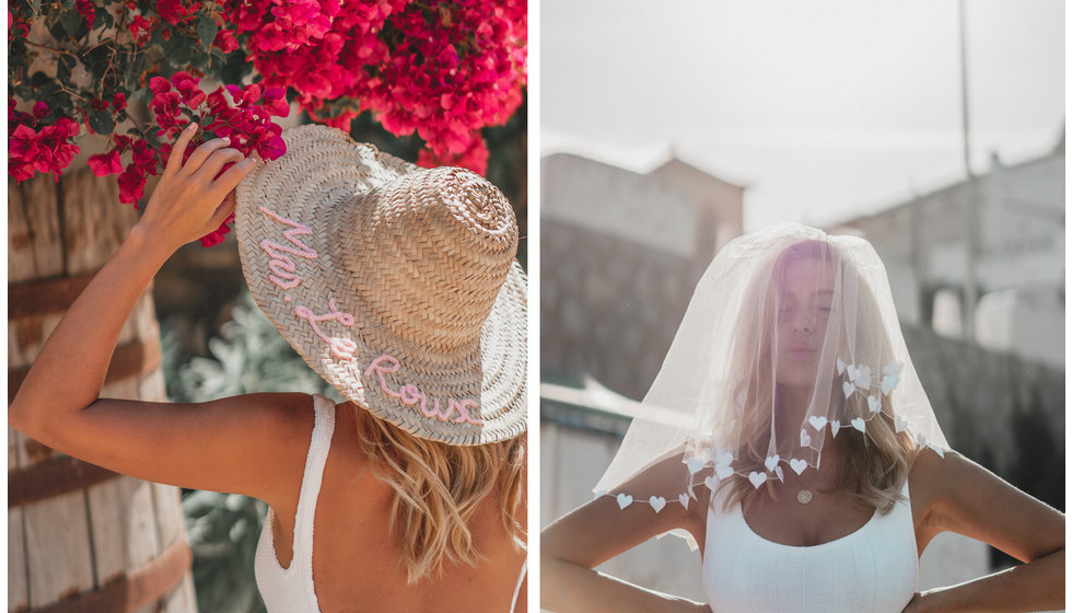 An embroidered straw hat, and a star veil worn by two girls.