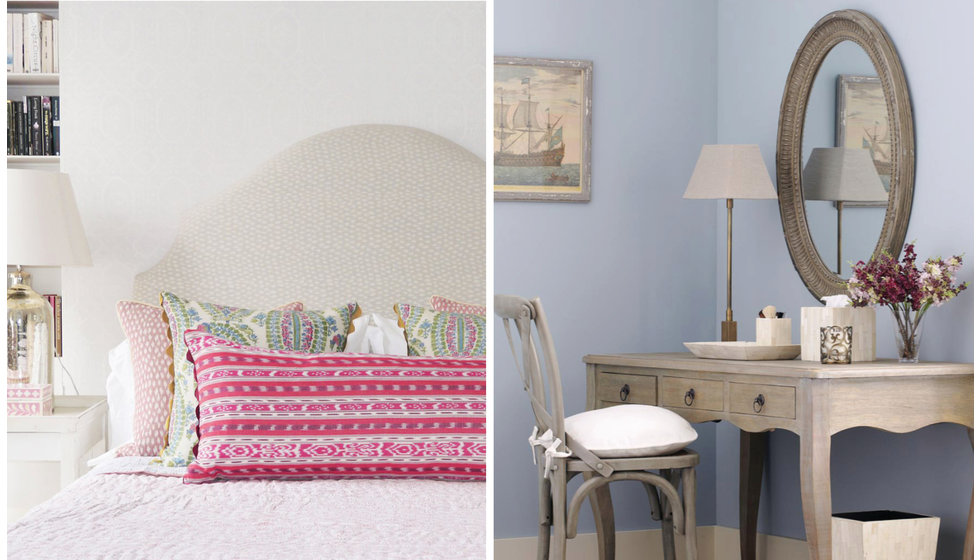 A wicklewood cushion and a mirror above a dressing table.