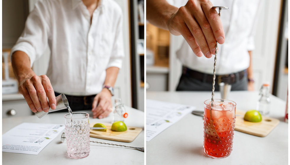 Doug in the process of making a home made cocktail with the Cocktail Service DIY kit. He serves it in a pink hobnail tumbler from KLIMCHI.