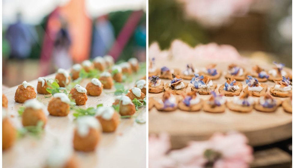 Spring Canapé's cooked by Doggart and Squash. One is a fried croquette with a pea and basil sauce and the other is a truffle ricotta on a crispy base.