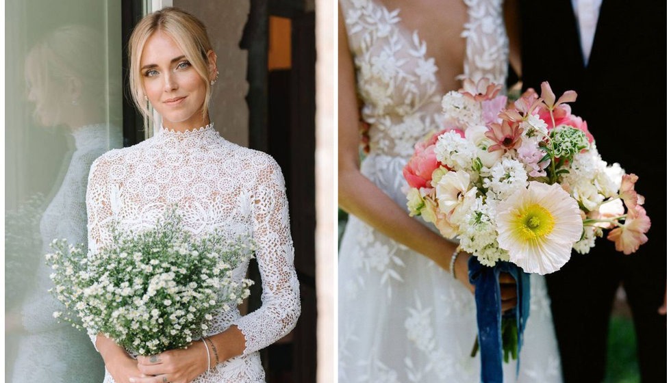 Two different wedding bouquet looks, one simply daisys, and one a more full and flouncy look with pinks and peachy colours.