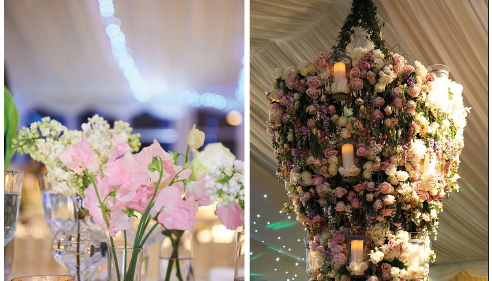 The amazing floral installation above the bar as well as posies of sweet peas on each table.