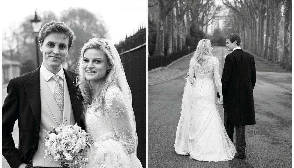 Two black and white portraits of the bride and groom at their wedding venue.