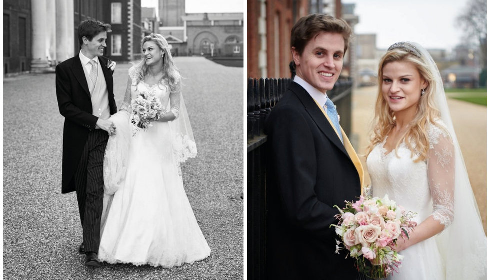 The bride and groom outside their wedding venue in London.