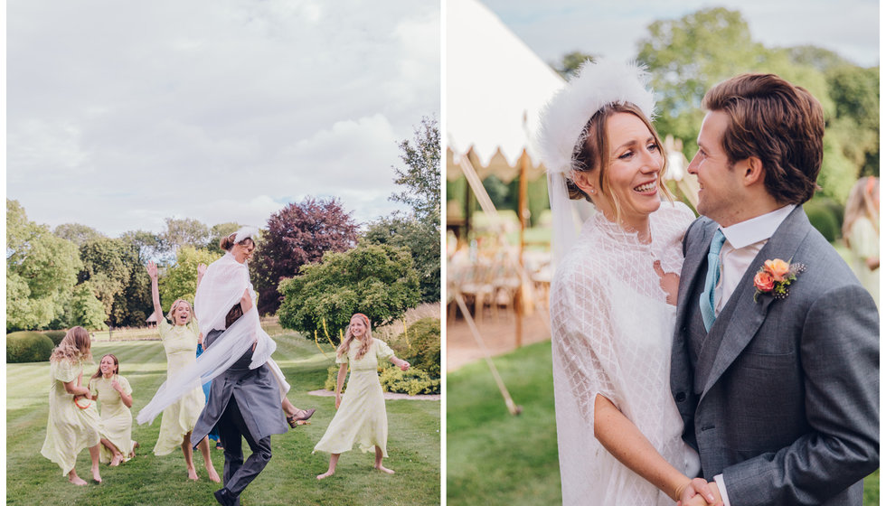 The bride and groom and the bridesmaids dancing on the lawn to music being played from a phone.