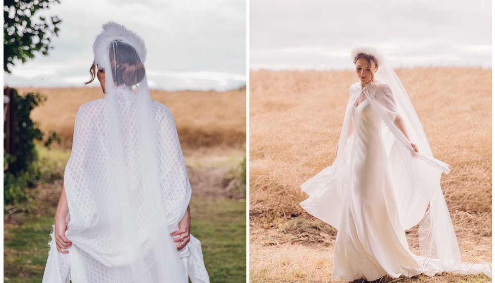 Images of Caz in her wonderful Andrea Hawkes dress and custom feather headband.