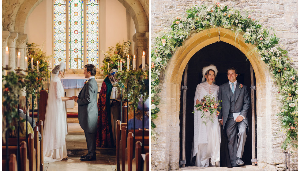 The bride and groom in the Church and walking out of the Church.