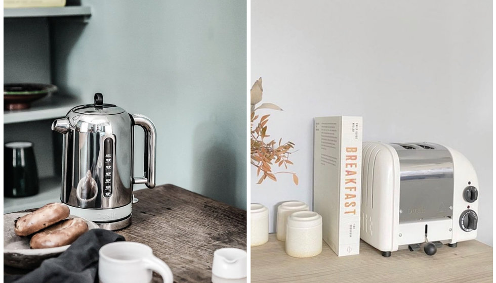 A stainless steel Dualit kettle and a white Dualit toaster.