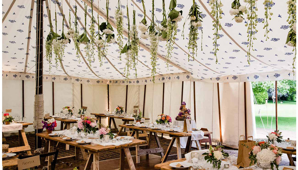 A marquee with a patterned lining.