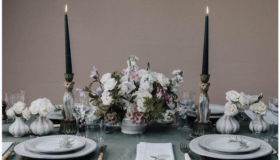 A large centre flower arrangement in the centre of the table.