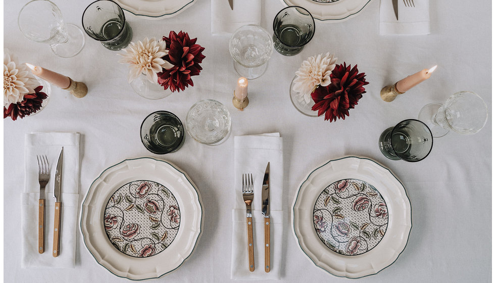 An overhead shot of floral plates.