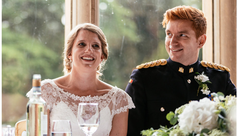 The bride and groom at their wedding venue. 