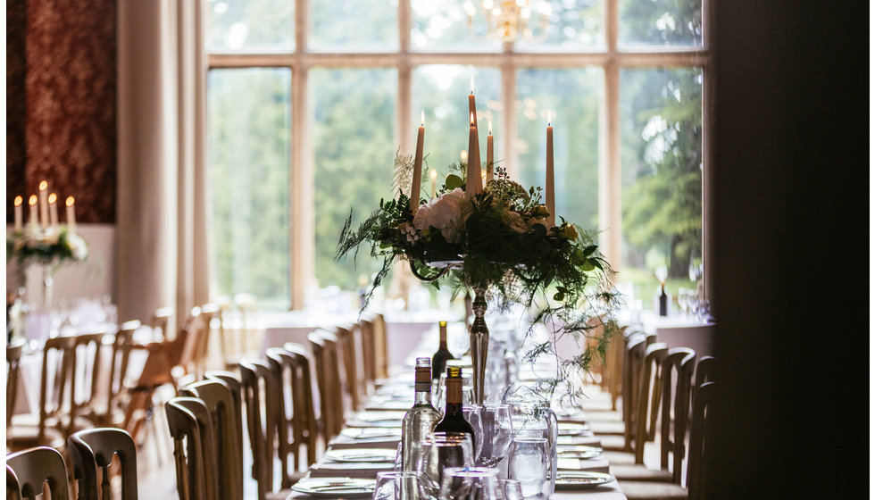 Matt and Charlotte's wedding breakfast table in their Wiltshire Wedding Venue. 