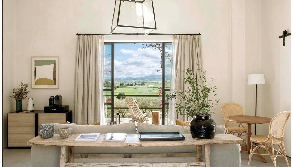 A living room at the hotel Finca Serena - the room is calm with lots of natural colours which draws your eye to the scenery. 