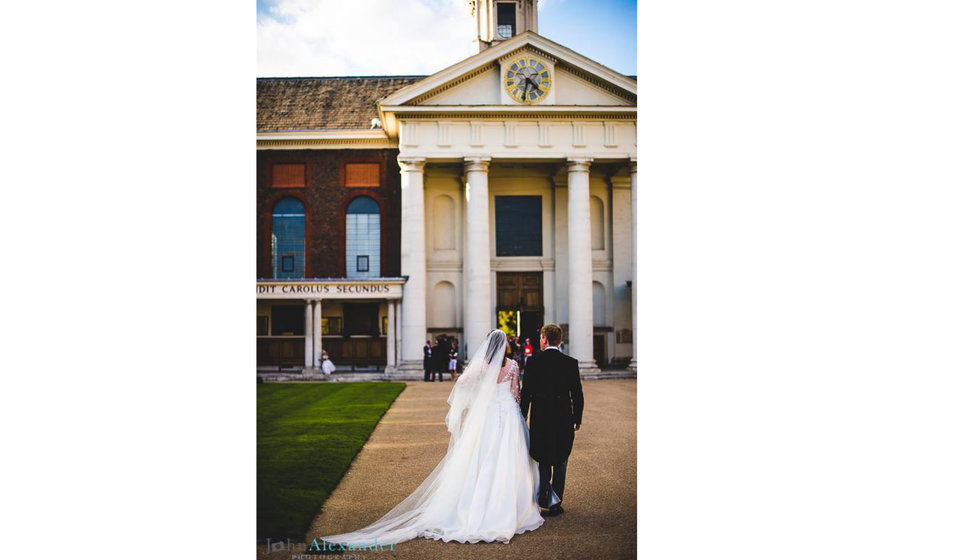 The bride and groom outside the Royal Hospital Chelsea where they got married.