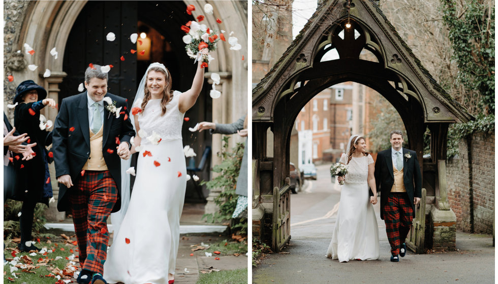 Sarah and Fergus outside the Church after their intimate covid-secure wedding ceremony.