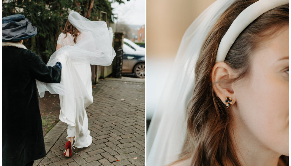 Sarah wore a veil and a custom white head band.