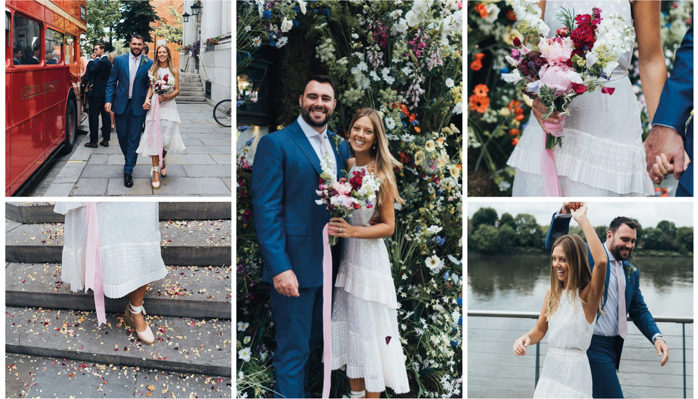 A bride wears a Zimmerman halter neck mid length polka dot dress. 