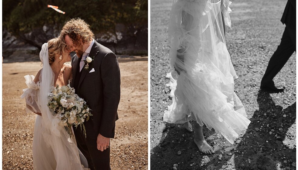 Jessica & Jack’s Idyllic Seaside Wedding in Cornwall: Jessica & Jack walking on the beach