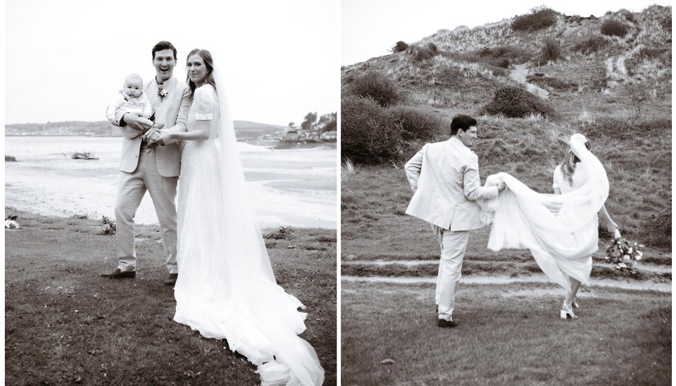 Charlotte & Harry's Magical Meadow Marquee Wedding in Oxfordshire: Newlyweds photo in Cornish dunes