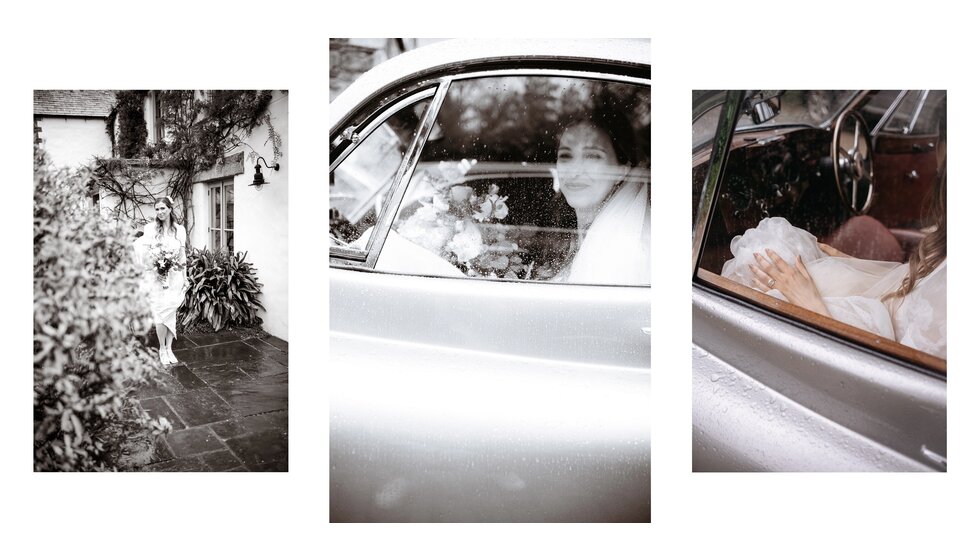 Charlotte & Harry's Magical Meadow Marquee Wedding in Oxfordshire: Bride leaving for the ceremony in the vintage car